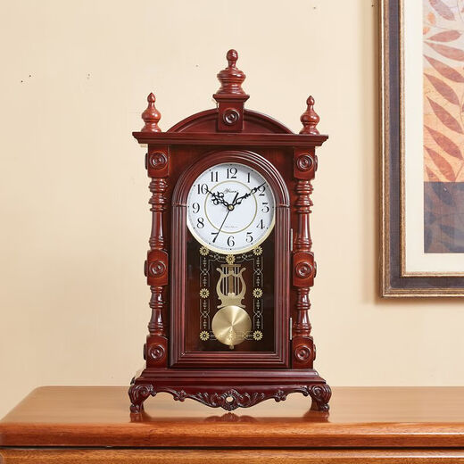 CLCEY Chinese solid wood table clock hourly timekeeping retro table clock home living room desktop desktop clock European clock ornaments silent model 18 inches