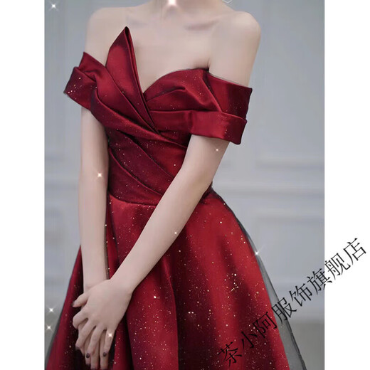 Tea Xiao A Satin Toast Wear Bridal Light Wedding Dress Red One Shoulder Engagement Appreciation Banquet Evening Dress for Women Burgundy M