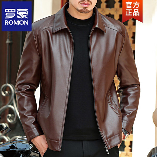 ROMON Haining leather jacket for middle-aged men with velvet and thickened leather jacket, large size for middle-aged and elderly dads, thin autumn and winter jacket 6177 black stand-up collar single leather M 170 (90-120 Jin Jin is equal to 0.5 kg)