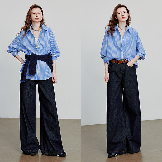 Chuyu striped splicing lace mid-length loose shirt for women 2025 autumn new casual cardigan blue and white stripes M