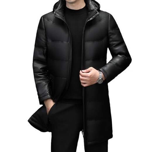 Fat Donglai Supermarket purchasing Haining leather jacket for men, first-layer sheepskin, hooded for young and middle-aged people, removable and thickened, same style, black (sheepskin + white duck down) L