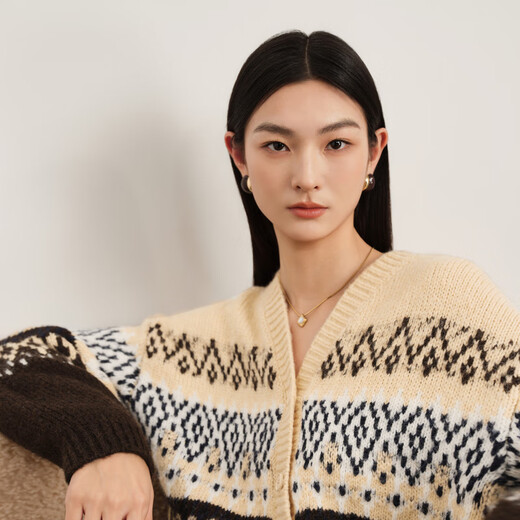 Eifini (eifini) Eifini Korean retro relaxed sweater jacquard loose knitted cardigan 2025 winter new women's beige M