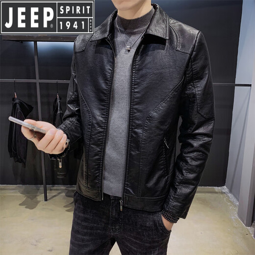 JEEP SPIRIT leather jacket for men 2025 new trendy brand trendy handsome plus velvet thickened motorcycle leather jacket for men in autumn and winter PU10 black single style M 90-105Jin Jin is equal to about 0.5 kg