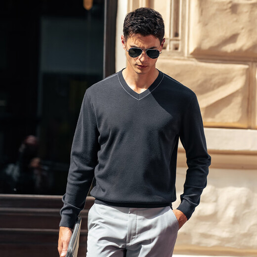 Mr. Bu V-neck double-layer warm wool sweater for men 2025 autumn and winter new solid color bottoming deep winter inner sweater for men BT16900 Extreme Night Gray 2XL (185)
