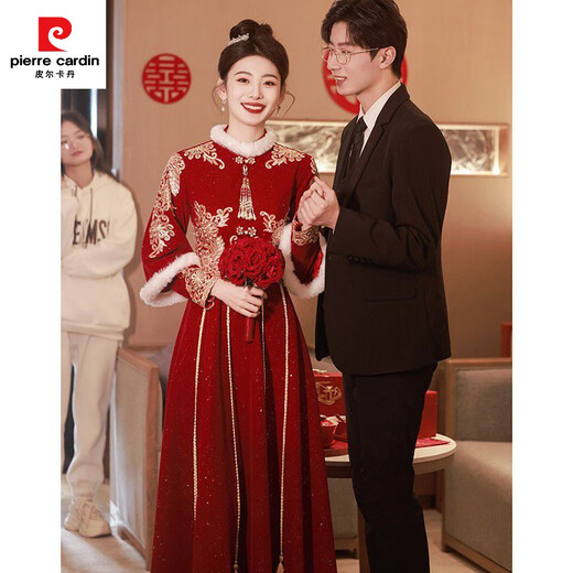 Pierre Cardin Cheongsam Toast Wear Bride 2025 New Red Engagement Wedding Dress Chinese Style Xiuhe Wedding Dress Long Sleeve Winter Burgundy 2XL