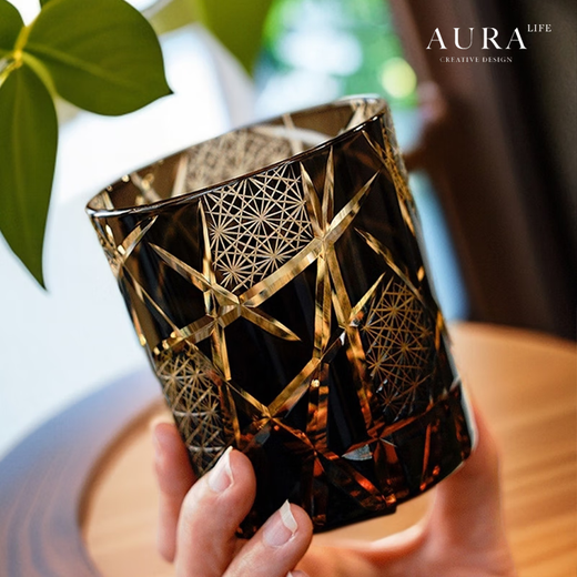 AURA LIFE Personalized Edo Kiriko Cup Twilight of the Gods Amber Lightning Hand-carved Crystal Whiskey Glass Lightning Amber Black Gift Box 260ml 1 piece