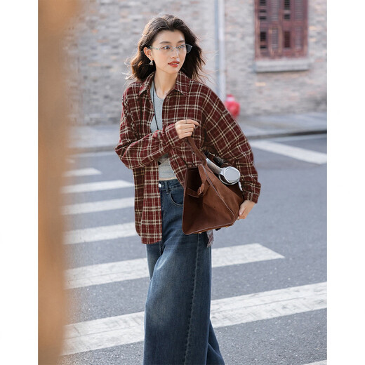 Ives (ITISF4) retro plaid long-sleeved shirt spring loose design top for junior high school and high school students red plaid S