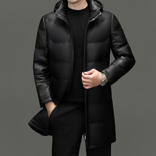 Fat Donglai Supermarket purchasing Haining leather jacket for men, first-layer sheepskin, hooded for young and middle-aged people, removable and thickened, same style, black (sheepskin + white duck down) L