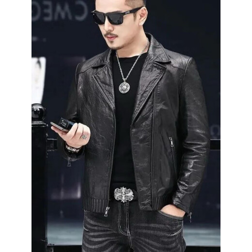 Playboy 2025 Autumn and Winter Short Slim Suit Collar Leather Jacket Men's Korean Style Fashionable, Handsome and Casual The Easiest to Match Leather DB# Black Spring and Autumn Style M