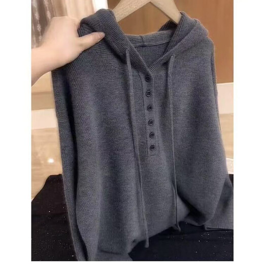 Hot selling hot style gray casual hooded knitted pullover sweater for women 2025 autumn new style simple and loose gray L recommended 106-115Jin Jin equals 0.5kg