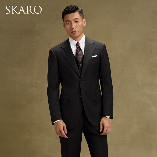SKARO 130 count Australian pure wool wedding suit men's business herringbone pattern three-piece suit black herringbone pattern SKG1511B size 54 top, please note the size of the trousers