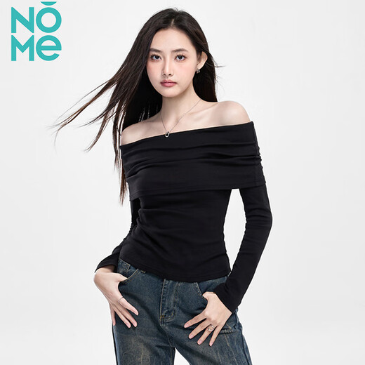 NOME long-sleeved women's spring and autumn new high-end black off-shoulder one-shoulder pure desire bottoming top black M