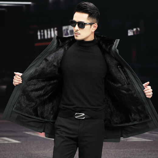 CHEVALPES international first-line brand men's mink-lined fur coat full mink fur integrated mid-length hooded coat military green M 165