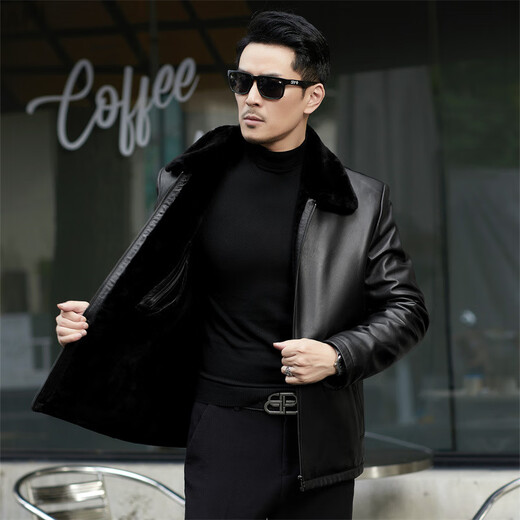 Haining fur all-in-one leather jacket for men, winter plus velvet, thickening and warmth, black M 170