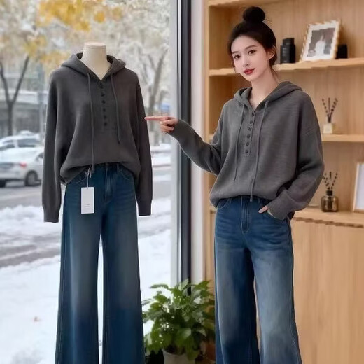 Hot selling hot style gray casual hooded knitted pullover sweater for women 2025 autumn new style simple and loose gray L recommended 106-115Jin Jin equals 0.5kg