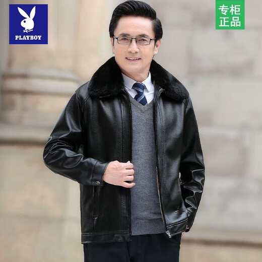 Playboy middle-aged men's leather jacket plus velvet thickened men's casual leather jacket loose large size PU leather jacket middle-aged and elderly dad's outfit black L 175/54 size 130-150Jin Jin equals 0.5 kg