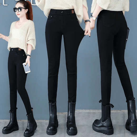 Selection of quality Autumn and winter thickened velvet slimming and warm women's pants with high waist and elastic feet, versatile and slimming black (thick velvet style) L (recommended 100-110 Jin Jin equals 0.5 kg)