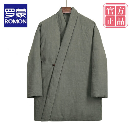 ROMON winter new Chinese style men's cotton and linen coats, cotton jackets, Chinese style cotton coats, slanted lapels, Taoist robes, mid-length Hanfu, light gray L