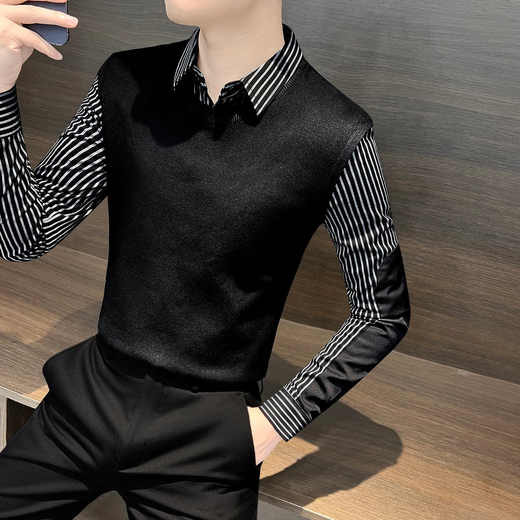Light luxury gentleman men's 2025 new winter thickened knitted fake two-piece velvet long-sleeved temperament shirt J white velvet 3XL recommended 165-180Jin Jin equals 0.5 kg