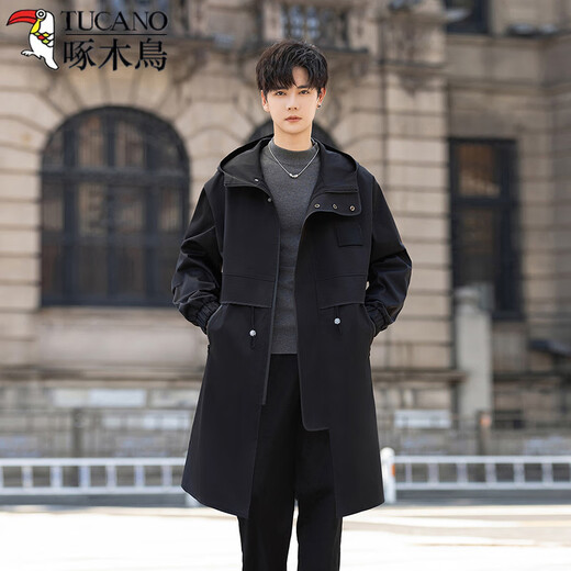 Woodpecker (TUCANO) 2026 new windbreaker men's mid-length jacket three-in-one detachable hooded jacket windproof and waterproof premium style jacket black M