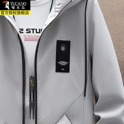 Woodpecker windbreaker autumn and winter thickened velvet men's medium-length jacket loose and handsome coat men's casual top coat trendy gray velvet style XL