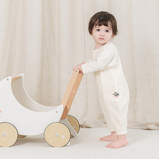 Wooden cotton baby jumpsuit spring and autumn baby waffle long-sleeved bottoming romper home pajamas for boys and girls, apricot 66cm