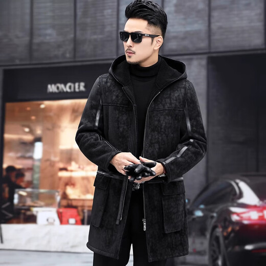 CHEVALPES international first-line brand sheep shear coat men's genuine leather coat long hooded plus fleece wool imitation fur black M 165
