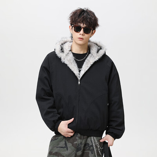 VUUG cotton jacket men's American fur collar mountain carving jacket casual Korean style fashion warm cotton jacket black S