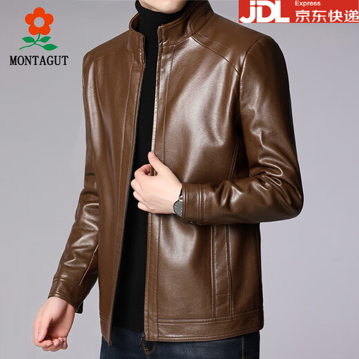 Montagut Men's Leather Jacket Spring Autumn Sheepskin Winter Genuine Leather Jacket Middle-aged Thickened Velvet Casual Jacket Dad Brown * Lapel * 1755 Velvet L 175 (Recommended 116-132 Jin Jin equals 0.5 kg)