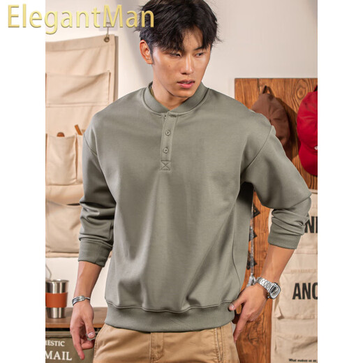 ElegantMan Winter and Autumn Henley Collar Sweatshirt Men's Pullover 320g Heavy New Henley Shirt Jacket Top Long Sleeve Casual Men Green Khaki M
