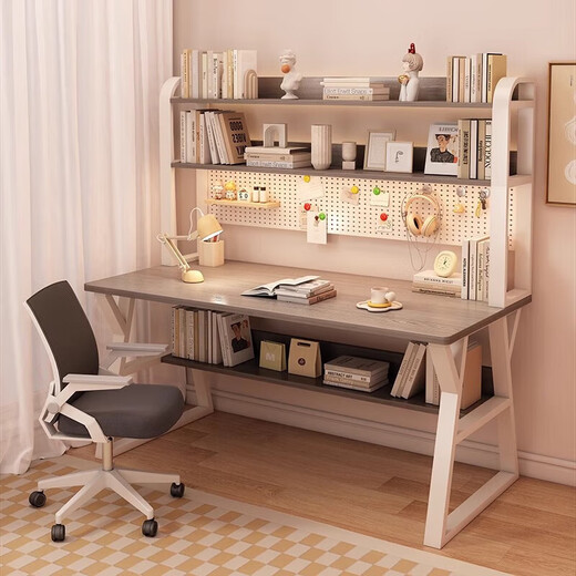 Middle school students multifunctional desk bookshelf integrated table high school students home desktop computer table simple study writing desk 120CM Morandi gray upgraded hole board