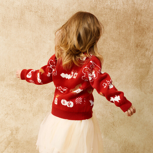 Tongtai (TONGTAI) baby sweater cardigan winter pure cotton children's clothes outing knitted jacket festive New Year red 100cm