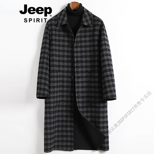 JEEP SPIRIT new double-sided woolen coat men's fashion trend plaid wool coat loose woolen windbreaker jacket winter black and gray plaid 2024 new color L