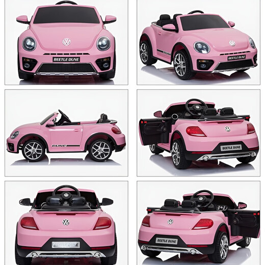 Yijing Volkswagen Beetle baby electric car four-wheel dual drive remote control swing toy car can seat baby and child luxury pink + soft tire + leather seat + remote control swing + Bluetooth music + portable pull rod
