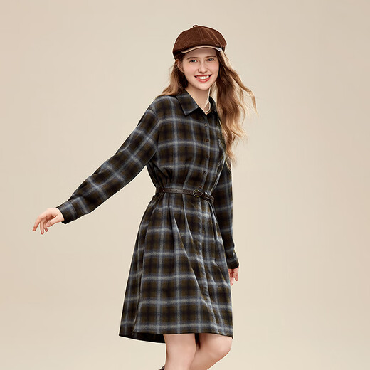 Betu women's 2025 winter new dress brushed plaid waist dress retro skirt women 2511T76 coffee plaid L