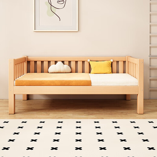 Solid wood children's spliced bed, beech wood crib with guardrails, customizable baby bedside bed, spliced large bed and extra wide bed, all beech wood, four side guardrails + tail ladder, free mattress, length 15O, width 70, height 40