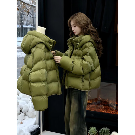 Lu Wang Lianxue lightweight hooded down jacket for women winter 2025 new style giant good-looking small short bread coat cotton jacket green XL 130-155Jin Jin is equal to 0.5 kg