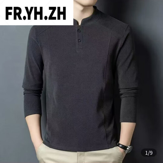 FR.YH.ZH Wansu men's autumn and winter new light luxury double-sided German velvet bottoming shirt men's Henry collar long-sleeved T-shirt stand-up collar sweatshirt black