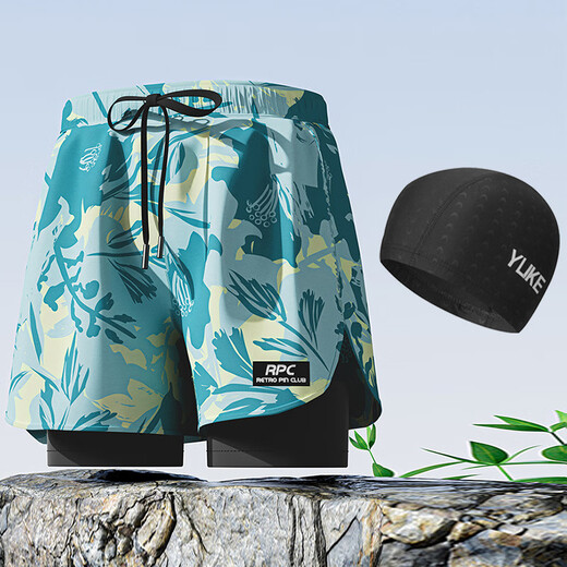 Anti-embarrassment swimming trunks for teenagers, high school and junior high school students, loose and large size, double layer swimming shorts for fat boys, light blue + cap + swimming goggles, earplugs, nose clip + bag L (75-95Jin Jin is equal to 0.5kg)