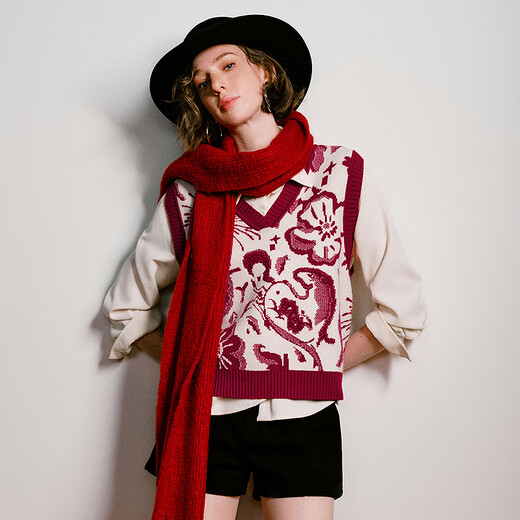Chuyu Mengzhu Daji co-branded New Year's knitted vest for women 2025 Winter Art Year of the Horse Totem Top New Year Red M