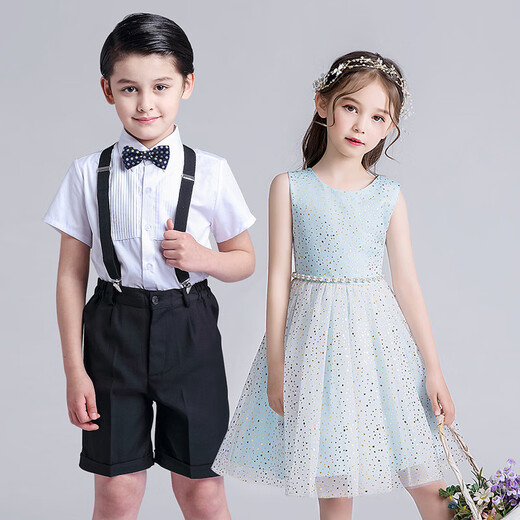Kaqinini Children's Performance Chorus Costumes for Primary and Secondary School Girls Dance Skirt for Men 2607 - White Clothes, Black Pants, Suspenders, Blue Bow Tie, 110 cm