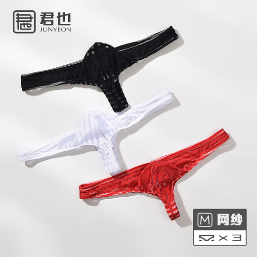 Men's mesh underwear transparent striped thong low-waist sexy thin bag underwear men's youth T-pants white M