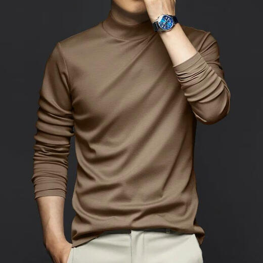 Autumn and winter liquid ammonia mercerized cotton full turtleneck bottoming shirt for men, solid color cotton inner with slim stretch T-shirt bottoming shirt, coffee color, one size fits all, XL recommended (130-150Jin Jin equals 0.5kg)