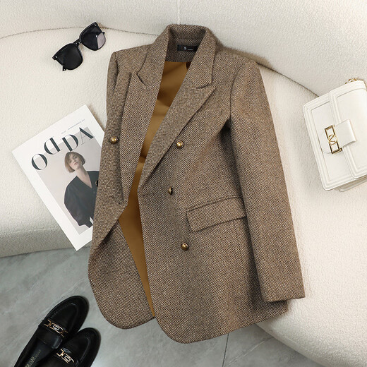 Chenfu woolen suit jacket for women spring and autumn new high-end wool small back slit casual fashion temperament suit regular style gray suit L recommended 105-114 Jin Jin equals 0.5 kg