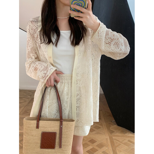 KSOEURK sister’s homemade hollow lace suit, hollow lace Polo collar single-breasted shirt + elastic waist shorts top S