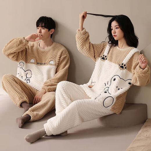 Victoria's style couple's pajamas winter coral velvet thickened and warm one man and one woman cartoon cute home wear outer suit LN9018 M women's + men's L