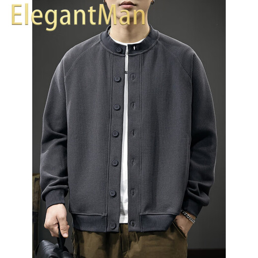 ElegantMan waffle Japanese retro cardigan men's sweatshirt autumn new trend Henry collar top versatile casual jacket dark gray M _Suitable weight-120Jin Jin equals 0.5 kg