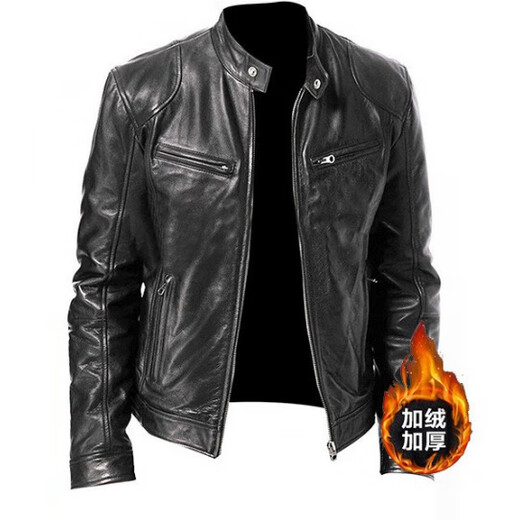 NY-NYC Winter Business Gentleman Warm Zipper Cardigan Pocket Decoration PU Leather Jacket Stand Collar Slim Zipper Leather Jacket Black Velvet 2XL