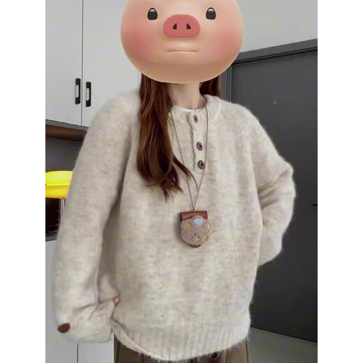 Ruyal high-end round-neck buttoned sweater for women in autumn and winter, loose and lazy inner casual retro knitted bottoming shirt top, apricot color, one size fits all, recommended 80-150Jin Jin is equal to 0.5 kg