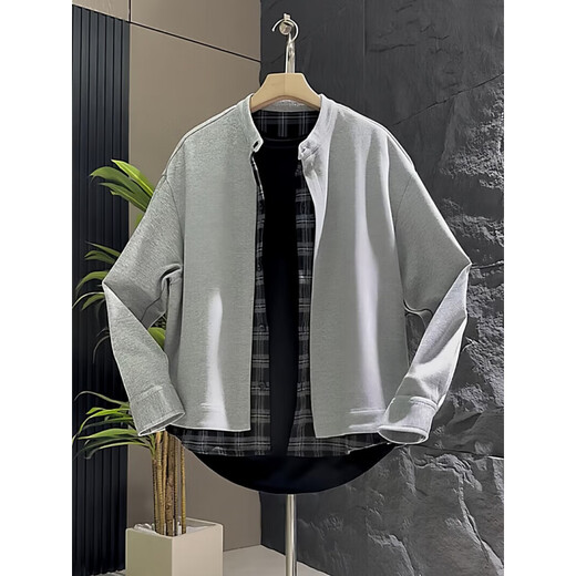 Xiaohongshu Autumn New Simple Fake Two Piece Henley Collar Cardigan Sweater Men's Trendy Loose and Versatile Black M 100-120Jin Jin is equal to 0.5kg